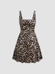 U-neckline Leopard Ruffle Mini Dress