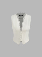 V-Neck Lace Trim Waistcoat With Scarf