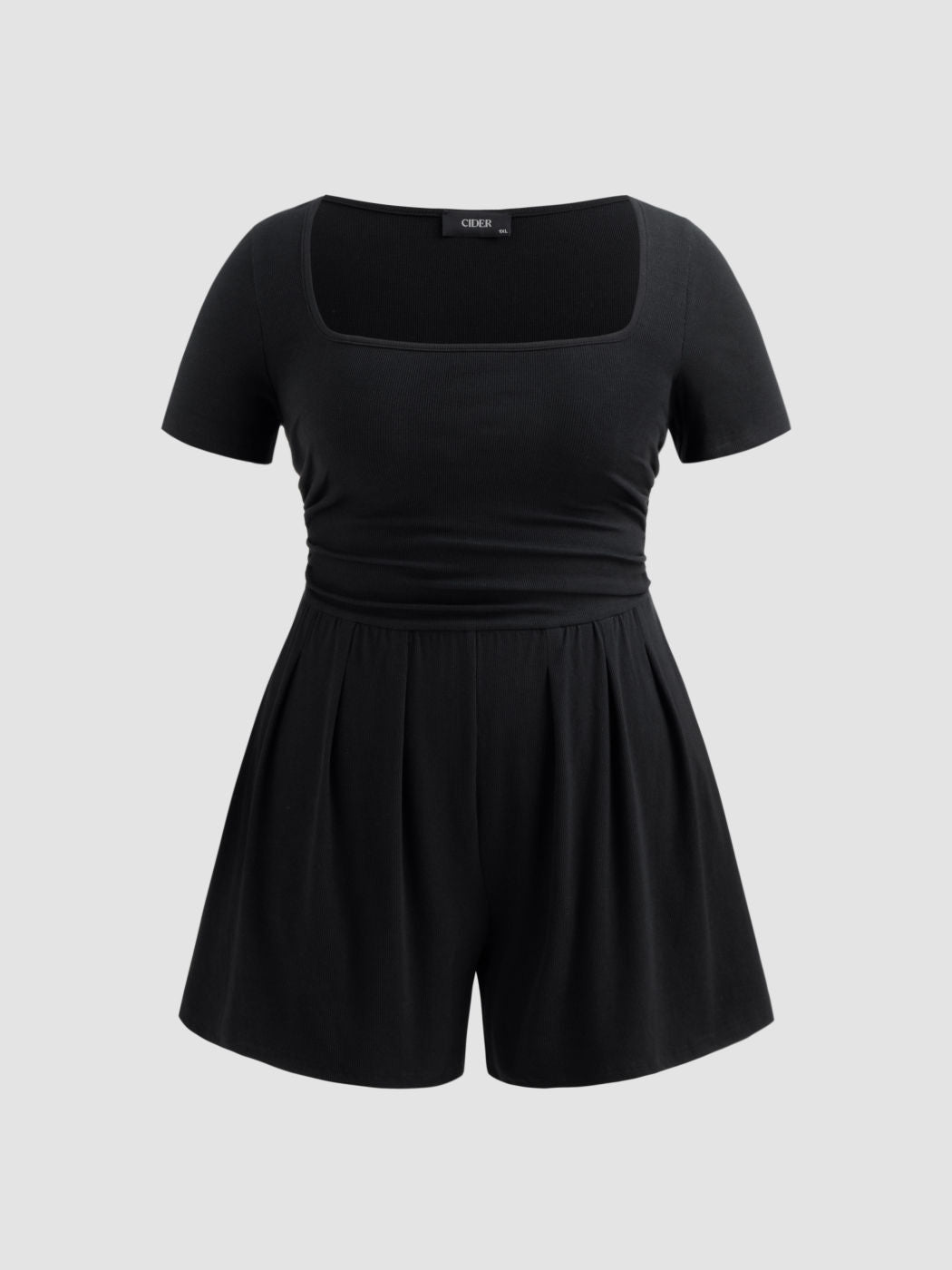 Cotton-blend Square Neck Solid Ruched Pocket Romper Curve & Plus