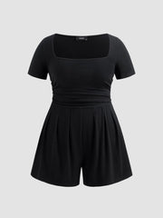 Cotton-blend Square Neck Solid Ruched Pocket Romper Curve & Plus