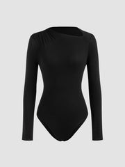 Asymmetrical Neck Solid Ruched Bodysuit