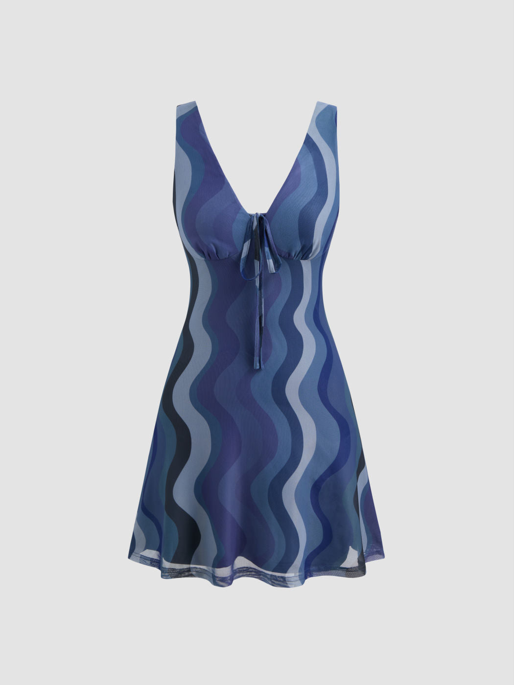 Mesh V-neck Abstract Wave Knotted Mini Dress