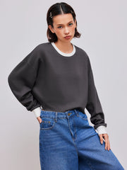 Terry Round Neckline Solid Contrasting Binding Crop Sweatshirt