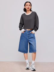 Terry Round Neckline Solid Contrasting Binding Crop Sweatshirt