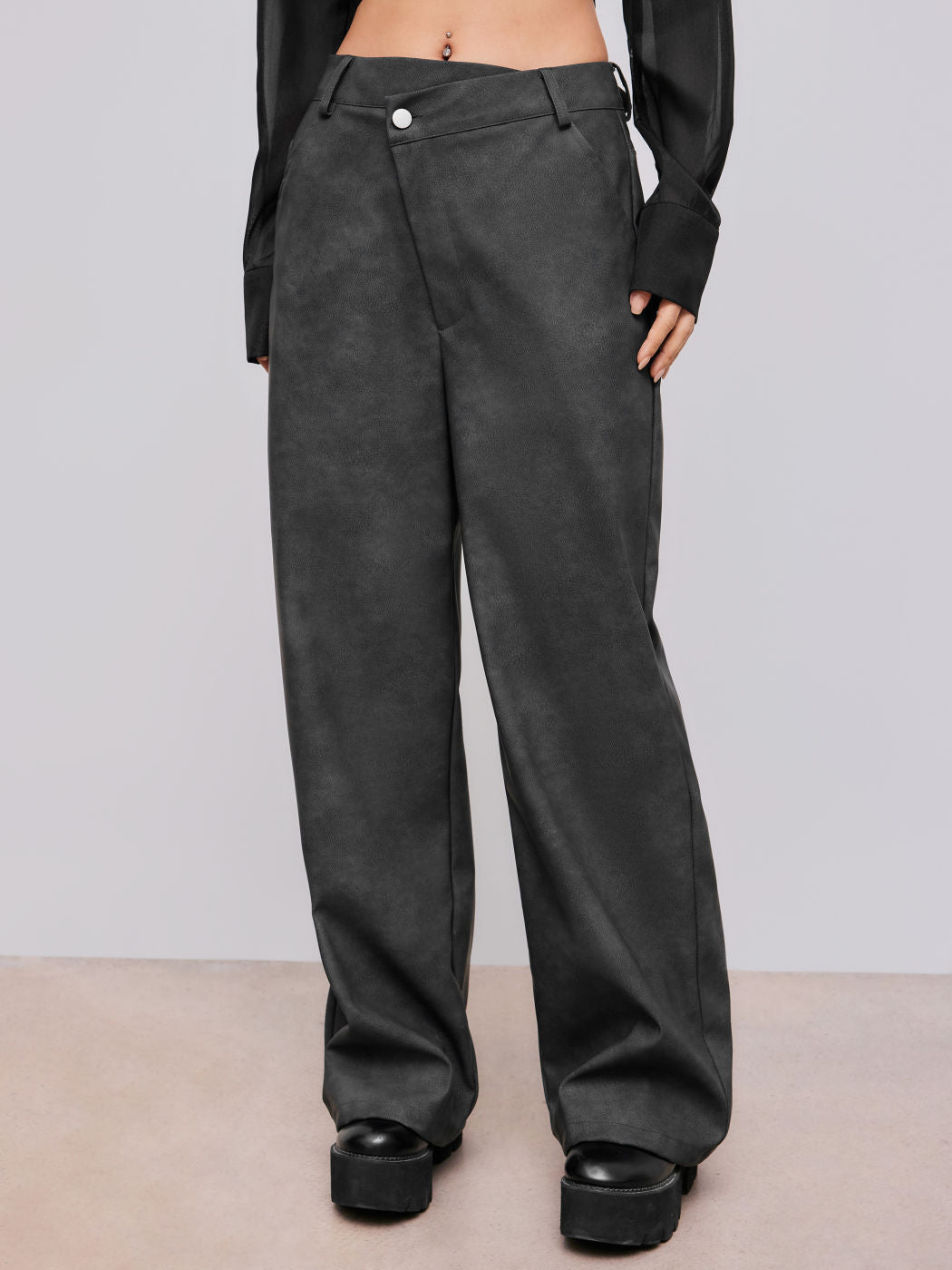 Faux Leather Mid Rise Solid Wide Leg Trousers