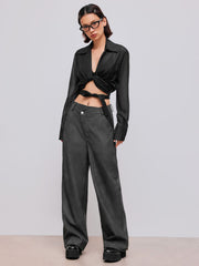 Faux Leather Mid Rise Solid Wide Leg Trousers