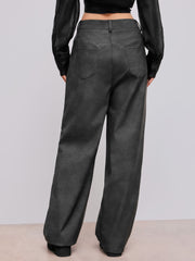 Faux Leather Mid Rise Solid Wide Leg Trousers