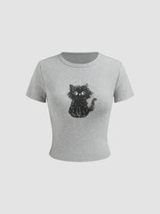Cotton-blend Round Neckline Cat Short Sleeve Tee