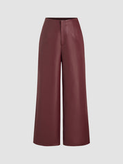 Faux Leather Mid Rise Solid Pocket Straight Leg Trousers