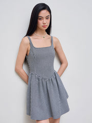 Tweed Square Neck Houndstooth Zipper Mini Dress