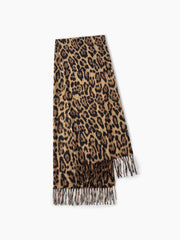 LEOPARD PRINT TASSEL SCARF & KNIT ROUND NECKLINE BUTTON CARDIGAN