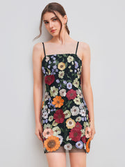 Jacquard Square Neck Colorful Floral Embroidery Mini Dress