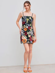 Jacquard Square Neck Colorful Floral Embroidery Mini Dress