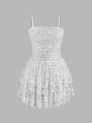 Sequin Square Neck Solid Layered Ruched Mini Dress