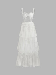 Woven Corset Layered Tulle Ruffle Maxi Dress