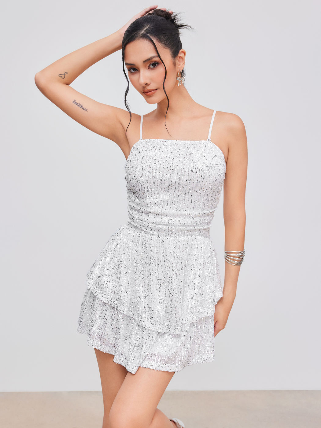 Sequin Square Neck Solid Layered Ruched Mini Dress
