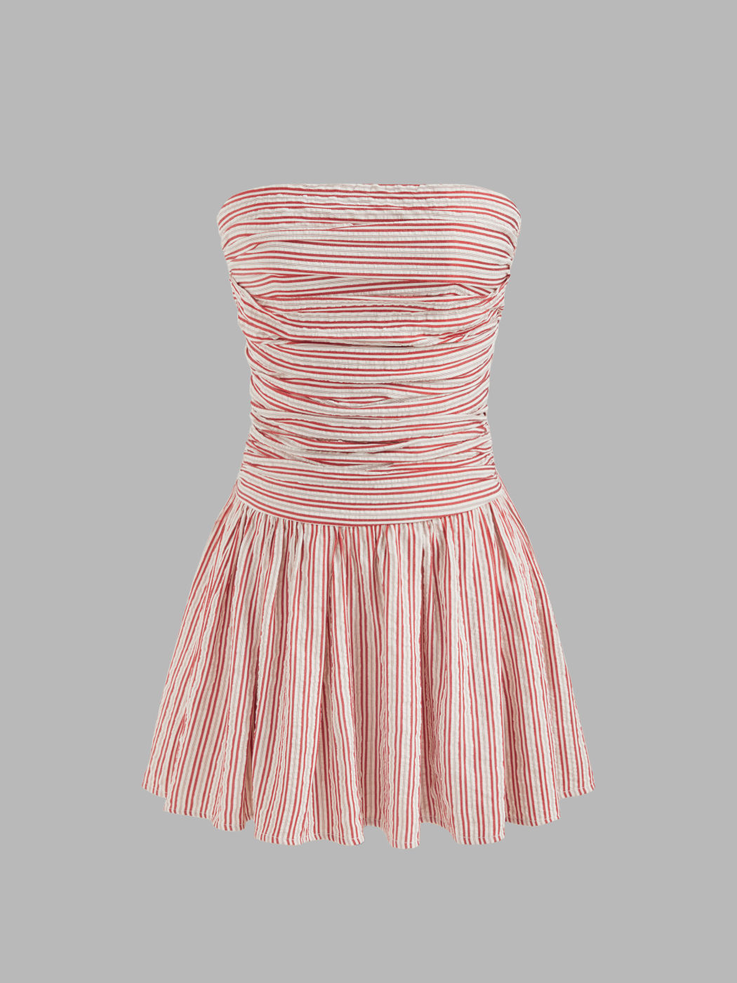 Strapless Striped Shirred Ruched Tube Mini Dress