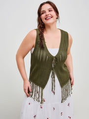 Knit V-neck Solid Tassel Tie Front Crop Vest Curve & Plus