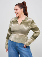 Knitted Collar Abstract Colorblock Long Sleeve Sweater Curve & Plus