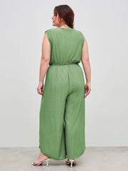 Broderie Anglaise V-neck Wrap Wide Leg Jumpsuit With Tassel Rope Belt Curve & Plus