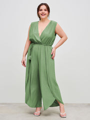 Broderie Anglaise V-neck Wrap Wide Leg Jumpsuit With Tassel Rope Belt Curve & Plus