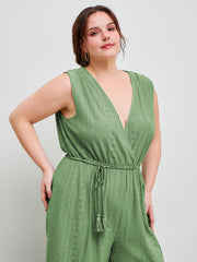 Broderie Anglaise V-neck Wrap Wide Leg Jumpsuit With Tassel Rope Belt Curve & Plus