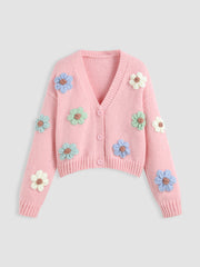 Knit V-neck Button Flower Cardigan