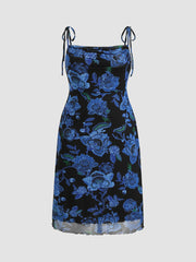 Mesh Square Neck Floral Knotted Midi Dress Curve & Plus