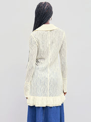 Lace V-neck Floral Lettuce Trim See-through Long Sleeve Top