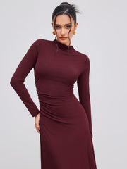 High Neck Solid Ruched Ruffle Long Sleeve Maxi Dress
