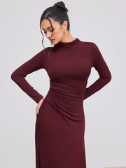 High Neck Solid Ruched Ruffle Long Sleeve Maxi Dress