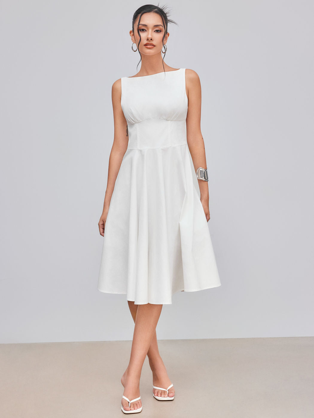 100% Cotton Boat Neck Solid Ruffle Midi Dress