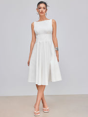 100% Cotton Boat Neck Solid Ruffle Midi Dress