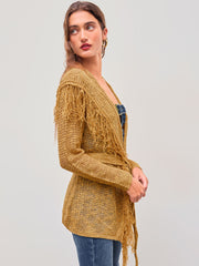 Knit V-neck Solid Fringe Hollow Out Knotted Cardigan