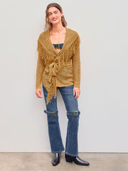 Knit V-neck Solid Fringe Hollow Out Knotted Cardigan