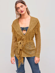 Knit V-neck Solid Fringe Hollow Out Knotted Cardigan