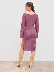 Knit Boat Neck Solid Hollow Out Split Midi Dress