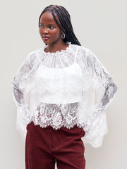 Lace High Neck Layered Long Sleeve Blouse With Solid Crop Cami Top