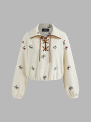 Fleece Collar Floral Embroidery Lace Up Oversized Sweatshirt
