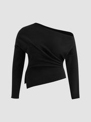 Knitted Asymmetrical Neck Solid Ruched Split Sweater Curve & Plus
