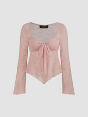 Lace Square Neck Knotted Long Sleeve Top