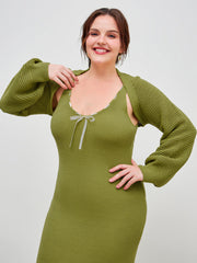Knitted Scoop Neckline Solid Knotted Midi Dress & Knitted Long Sleeve Shrug Set