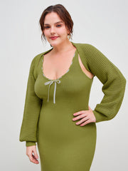 Knitted Scoop Neckline Solid Knotted Midi Dress & Knitted Long Sleeve Shrug Set