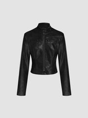 Faux Leather Stand Collar Zipper Biker Jacket