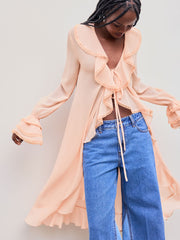 Chiffon V-neck Solid Lace Trim Ruffle Knotted See-through Long Sleeve Blouse