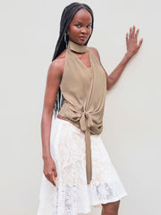 Chiffon Halter Neckline Solid Ruched Knotted Top With Solid Crop Tube Top