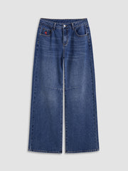Denim Mid Rise Fire Embroidery Pocket Belted Straight Leg Jeans