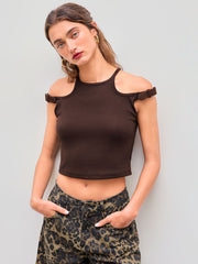 Round Neckline Solid Cut Out Belted Crop Tank Top