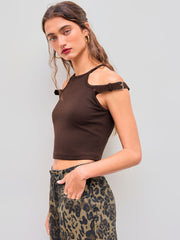 Round Neckline Solid Cut Out Belted Crop Tank Top