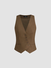 Linen-blend V-Neck Button Jacket Vest & Wide Leg Trousers